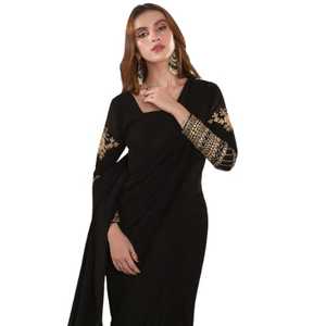 ชุดส่าหรีปักลายสวยงามสีดำ สไตล์ปากีสถาน แห้งเร็ว สำหรับผู้หญิง เหมาะสำหรับงานแต่งงานและงานปาร์ตี้ - Product Image 1