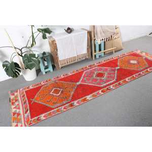 Alfombra Turca de 2.7x9.5 pies, Alfombra Vintage Tipo Runner, Alfombra con Estampado Animal Rojo Naranja - Product Image 4