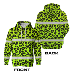 Green Leopard Pattern Hi Vis Hoodie Reflective Tapes Strips Workwear Hi Vis Custom Color Hoodies - Product Image 2