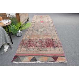 Alfombra turca Vintage de 2,7x10,2 pies, lana rosa Beige, área grande, patrón de retazos rectangulares, diseño abstracto de pasillo, látex para habitaciones - Product Image 4