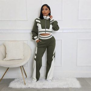 PASUXI nouveau printemps mode femmes 2 pièces ensemble femmes vêtements de sport costume couleur bloc fermeture éclair recadrée veste jambe large <span class=keywords><strong>pantalon</strong></span> Jogging costume - Product Image 3
