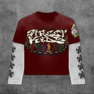 Camiseta de manga larga de doble capa informal de fabricantes personalizados para hombre con estampado lavado ácido vintage desgastado en tela de punto - Product Image 2