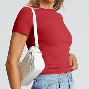 Col rond basique t-shirts pour femmes à manches courtes 2025 été hauts à la mode solide décontracté coupe régulière t-shirt - Product Image 6
