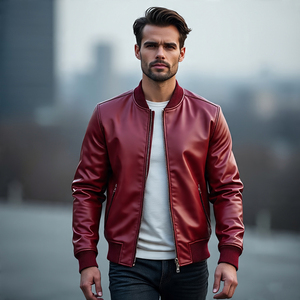 Vintage Varsity Men's Genuine <b>Leather</b> <b>Jacket</b> with Crew Neck Baggy Zipper Front Logo for Motorcycle Riding or Casual Wear - Product Image 4