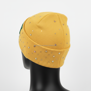 Gorro de gorro Premium para hombre, tejido acrílico elástico cálido, estilo amarillo con tachuelas de diamante, gorro jacquard con logotipo bordado personalizado - Product Image 6