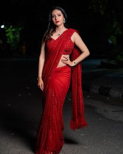New Beautiful Heavy Sequence Embroidered Work With <strong>Net</strong> Ruffle Party Wear <strong>Red</strong> Colour <strong>Saree</strong> With Blouse - Product Image 6