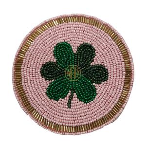 Elegant Gold Trim Accent Handcrafted Beaded Tea <b>Coaster</b> with Pink and <b>Green</b> Shamrock Design Elegant Mats & Pads - Product Image 1