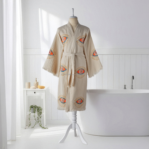 Bata de baño unisex de algodón de lujo con estampado de bloques, ligera, de lino tejido, transpirable, para primavera, verano y todo el año, ropa de dormir y de descanso. - Product Image 4