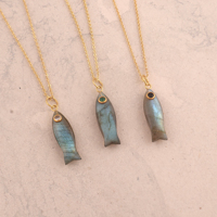 Collier en gros plaqué or 18 carats en forme de poisson, anti-ternissement, avec pierre précieuse naturelle Labradorite et micro-zirconiums