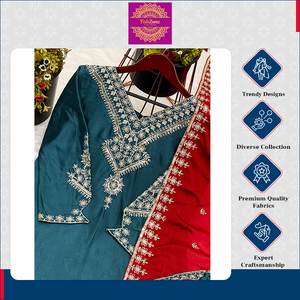 Nueva colección Festival bordado secuencia trabajo cChinon seda completamente cosido listo para usar Kurti pantalón Dupatta conjunto - Product Image 2