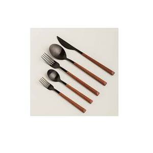 Modern Manufactured in India <b>Cutlery</b> Stainless Steel <b>Black</b> Matte Polished Metal Flatware Set With Long Round Wooden Handle - Product Image 1