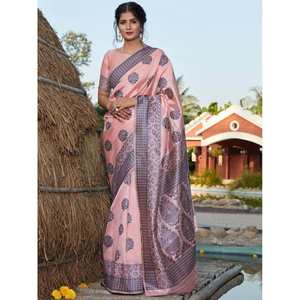 Deslumbrante Sari de Seda Banarasi Rosa Claro con Tejido, Ropa Festiva para Fiestas y Ocasiones Especiales - Product Image 3