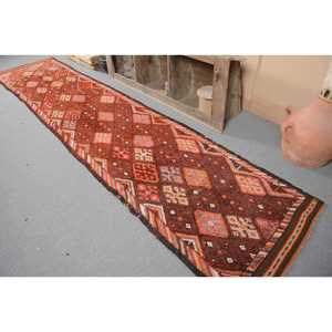 Vintage Turkish Rug, 3.1x14.5 ft Runner Rug, <b>Brown</b> Orange Bordered <b>Wool</b> Rug - Product Image 3