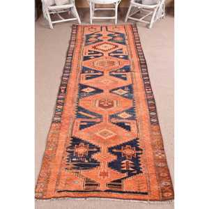 Vintage <b>Rug</b>, 3.8x11.4 ft <b>Runner</b> <b>Rug</b>, Orange Blue Herki Wool <b>Rug</b> - Product Image 1
