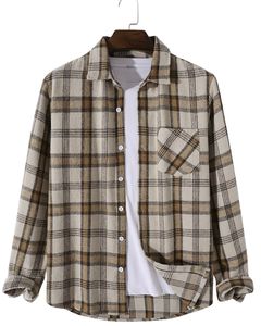Custom Beige Brown Plaid <b>Flannel</b> <b>Shirt</b> <b>Men</b> Long Sleeve Button Down Casual Warm Soft Cotton Blend Overshirt <b>For</b> Winter CheckStyle - Product Image 1