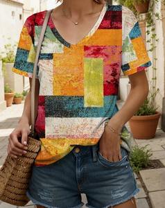 Camiseta de verano a cuadros con cuello en V para mujer, camisetas informales de manga corta para exteriores, ropa de mujer de talla grande con estampado a cuadros - Product Image 5