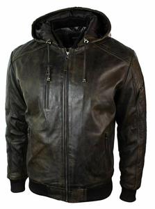 Blouson Bomber en Cuir Véritable pour Homme avec Capuche Amovible, Style Usé, Veste de Motard, Prix de Gros, OEM - Product Image 3