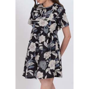 Vestido Mini Tipo Babydoll de Algodón con Estampado Floral Negro para Mujer, Talla XS, Cintura Elástica, Transpirable, Estilo Casual, Superventas - Product Image 1