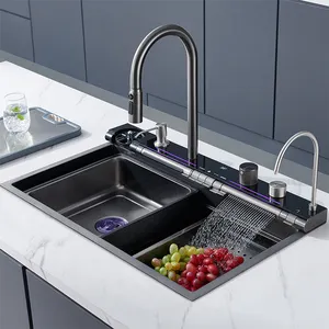Torneira de cozinha com display digital inteligente em aço inoxidável 304 para bebedouro preto, torneira com chuva e cachoeira, novo design de 30 polegadas