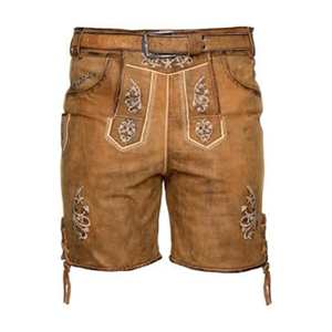 Men's Casual Training <b>Shorts</b> Fashionable High Waist Leather Embroidered Lederhosen Lightweight Good Quality Button Fly Closure - Product Image 1