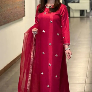 Indian/pakistani Light Embroidery Work on Long Kurta & Pant Dress with Crystal Glass <b>Beads</b>,<b>thread</b> Work for Party-wear @ 2024 - Product Image 1