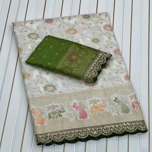 Sari en soie Dola VASTRA COTTAGE, tissage Meenakari Zari, pallu brodé, bordure en cordon avec travail de séquence, avec blouse contrastée - Product Image 4