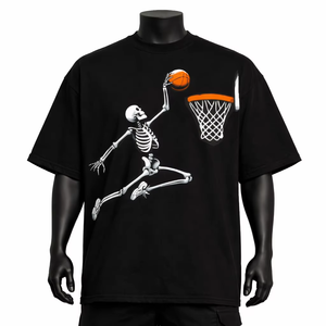 Men's <b>Black</b> <b>T</b>-<b>Shirt</b> Skeleton Basketball Dunk Design Short Sleeve O-Neck Oversized Fit Casual Eco-Friendly Long Jersey Fabric - Product Image 1