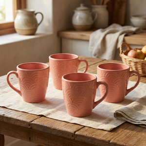 Ensemble de 4 tasses à café en céramique de style nordique, rose corail pêche - Capacité 200 ml, compatibles lave-vaisselle et micro-ondes, cuillère en argile pour cadeaux - Product Image 1