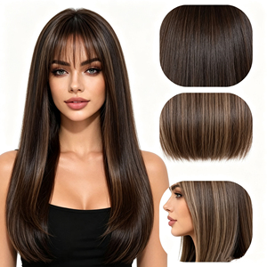 Perruque longue brune 100% cheveux humains avec frange, perruque complète droite pour femmes - Product Image 1