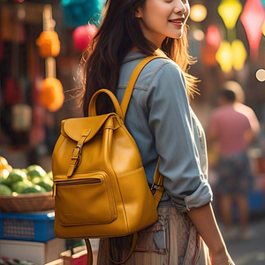 Sac à dos OEM vintage jaune en cuir véritable pour les femmes, sac à dos portable pour les voyages en plein air à double bandoulière, design étanche - Product Image 1