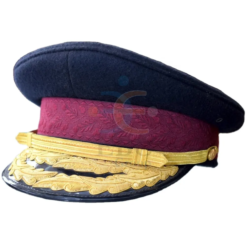 Kunden spezifische zeremonielle Uniform Peak Cap OEM ODM Economy Kopf bedeckung mit Gold Visier und Hut Abzeichen Logo