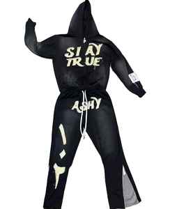 Pantalon de survêtement à capuche zippé 100% coton personnalisé ensemble de jogging vintage en détresse broderie patch survêtement à capuche - Product Image 1