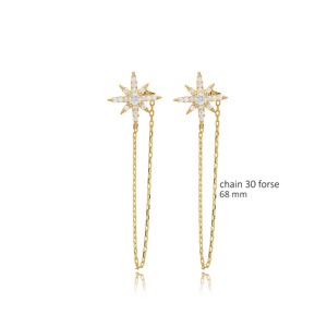 North Star Design CZ <b>Chain</b> Stud <b>Earring</b> Turkish Handcrafted Wholesale 925 Sterling <b>Silver</b> Jewelry - Product Image 2