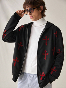 เสื้อฮู้ดผ้าฝ้ายโพลีเอสเตอร์โอเวอร์ไซส์ชายมีฮู้ดแบบรูดซิปหน้าระบายด้วยพลอยเทียมสีพื้นระบายอากาศ - Product Image 2