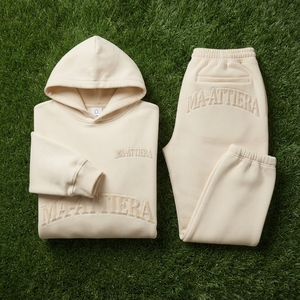 Ensemble de survêtement en molleton crème pour femme, sweat-shirt à capuche et pantalon de jogging, broderie ton sur ton, vêtements décontractés, vêtements de sport - Product Image 4