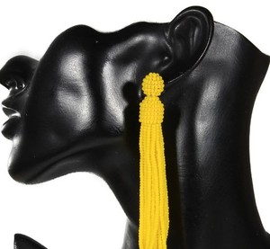 Yellow Tassel Earrings, Beaded Tassel Earrings in Oscar De La Renta Style Quality <b>Emerald</b> Green Beaded Tassel Earrings - Product Image 2