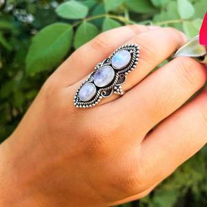 Luxury Sterling Silver Triple Moonstone Bezel Set Wedding <b>Ring</b> Long <b>Statement</b> Design June Birthstone <b>for</b> <b>Women</b> - Product Image 4