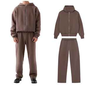 100% Cotton Streetwear Tracksuit Boxy <b>Cropped</b> <b>Zip</b> <b>up</b> Hoodies and Sweatpants Set Manufacturer Oversized Blank Men's Tracksuit - Product Image 4