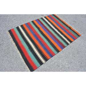 Vintage Rug, 3.8x4.9 ft Accent Rug, <b>Red</b> Blue Kilim <b>Wool</b> Rug - Product Image 2