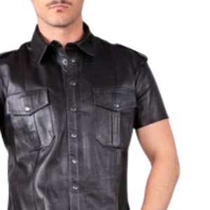 Chemise en cuir coupe classique noire pour homme, faux cuir, manches courtes, boutonnée, haut fétiche - Product Image 4