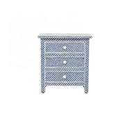 Table d'appoint bleue à motifs floraux avec incrustations en os, avec 2 tiroirs, table de chevet artisanale en bois massif, table de chevet avec incrustations en os