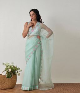 Beautiful <b>Organza</b> Saree Cover with Print All Over with Handcraft Work All Over Saree and <b>Silk</b> Blouse with Print & Work by Fabzon - Product Image 3