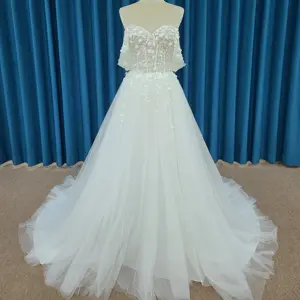 Gaun pengantin elegan satu bahu terbuka seksi terlaris desain kustom trendi mode gaun pengantin