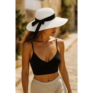 Chapeau de paille large blanc avec nœud HSR2081 - Blanc - Product Image 1
