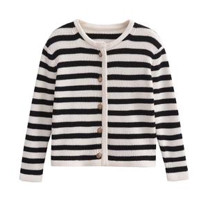 Cardigan en tricot rayé noir et blanc rétro personnalisé pour l'automne et l'hiver, ample, court, petit parfum, pull pour femmes - Product Image 1