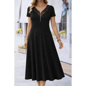 Robe longue en viscose à manches courtes et col en V avec fermeture éclair en dentelle pour femme, 33110 - Noir - Product Image 1