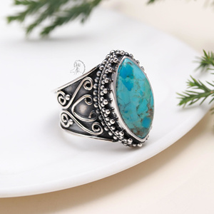 Anillo personalizado de Plata de Ley 925 sólida de calidad fina, anillo de turquesa/lapislázuli/coral Natural, anillo de proveedores de joyería de plata India - Product Image 4