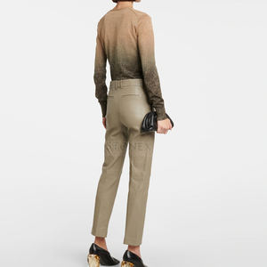 Pantalones Rectos de Cintura Alta de Cuero Puro y Lona para Mujer, Estilo Vintage, Impermeables, para Invierno, Venta al Por Mayor - Product Image 3