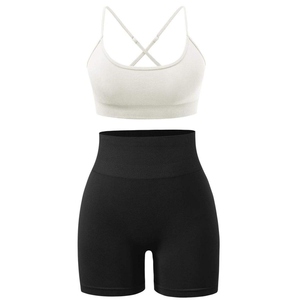 Conjunto de sujetador y pantalones cortos deportivos sin costuras de algodón para mujer, ropa deportiva para gimnasio, traje de Yoga de dos piezas con patrón sólido de alta calidad - Product Image 6