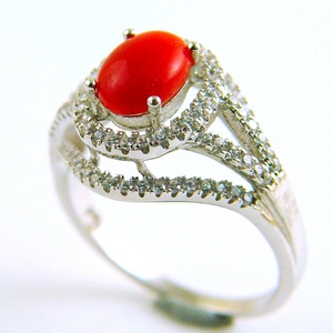 แหวนเงินแฟชั่นหรูหราพร้อมปะการังแดงธรรมชาติทรงไข่ทรงหลังเบี้ย - Product Image 3